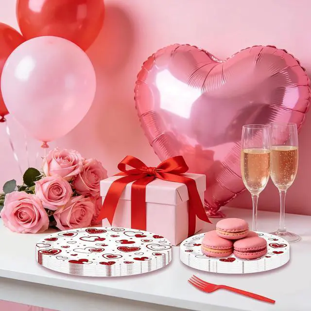 Alt view image 5 of 7 - Photken 96 Pieces Valentines Day Tableware Set Red Heart Disposable Plates, Napkins, and Forks for Romantic Dinners, Weddings, Anniversaries, and Love-Themed Parties Serves 24