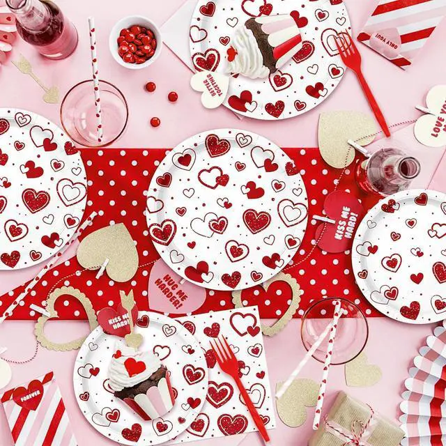 Alt view image 4 of 7 - Photken 96 Pieces Valentines Day Tableware Set Red Heart Disposable Plates, Napkins, and Forks for Romantic Dinners, Weddings, Anniversaries, and Love-Themed Parties Serves 24