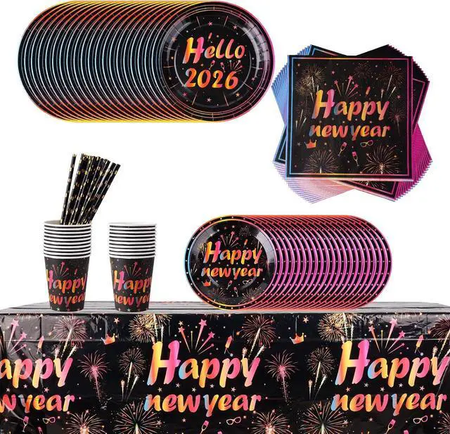 Main image of cnomg 101Pcs Happy New Year Plates and Napkins New Years Eve Party Supplies 2026 Disposable Dinnerware Set Colorful Fireworks Party Plates Napkins Cup Straw for New Year Eve Party Decorations Serve 20