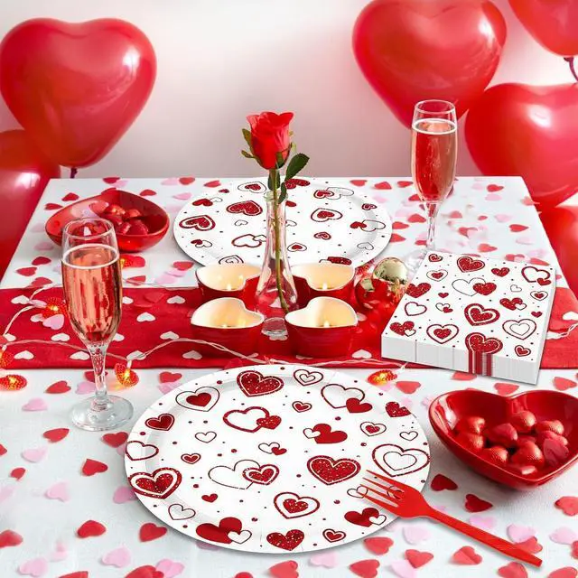 Alt view image 7 of 7 - Photken 96 Pieces Valentines Day Tableware Set Red Heart Disposable Plates, Napkins, and Forks for Romantic Dinners, Weddings, Anniversaries, and Love-Themed Parties Serves 24