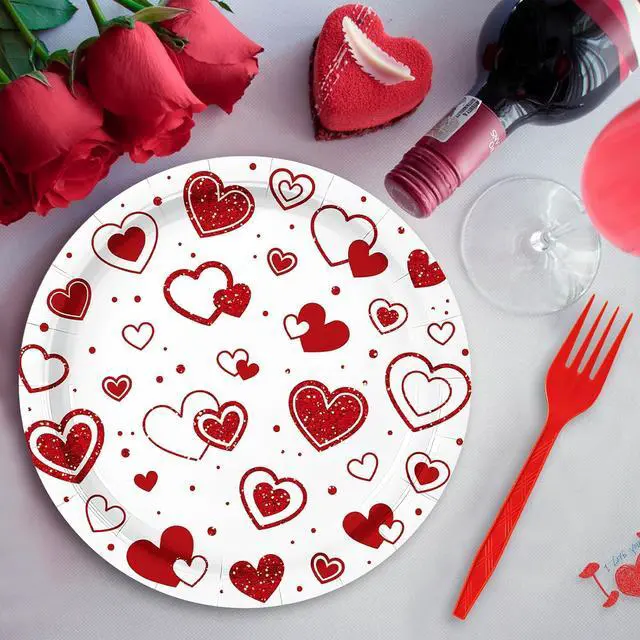 Alt view image 6 of 7 - Photken 96 Pieces Valentines Day Tableware Set Red Heart Disposable Plates, Napkins, and Forks for Romantic Dinners, Weddings, Anniversaries, and Love-Themed Parties Serves 24