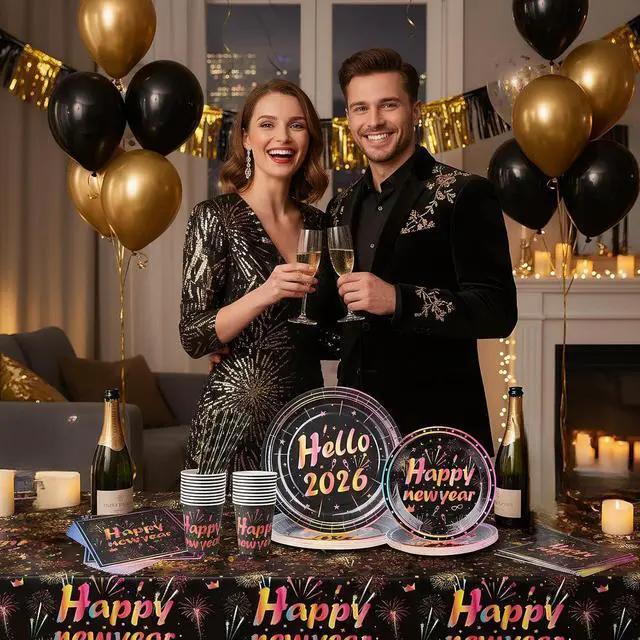 Alt view image 2 of 7 - cnomg 101Pcs Happy New Year Plates and Napkins New Years Eve Party Supplies 2026 Disposable Dinnerware Set Colorful Fireworks Party Plates Napkins Cup Straw for New Year Eve Party Decorations Serve 20