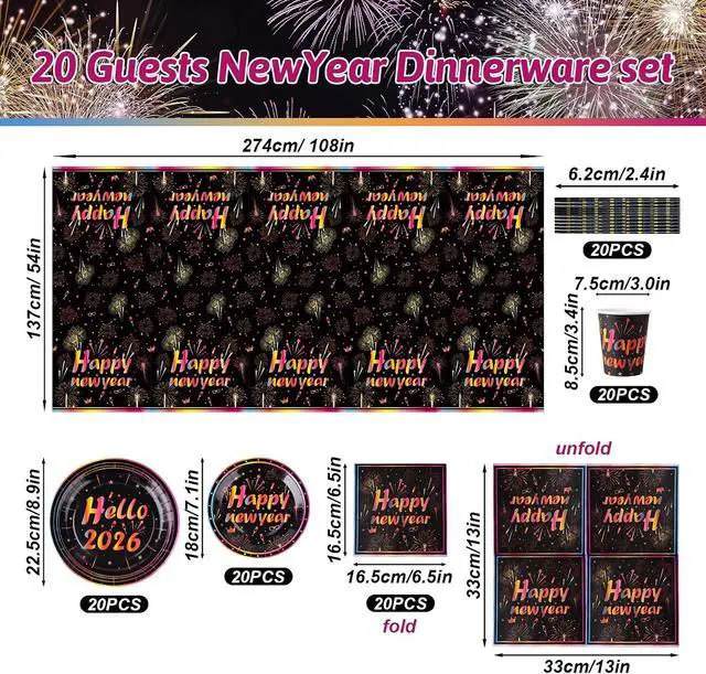 Alt view image 3 of 7 - cnomg 101Pcs Happy New Year Plates and Napkins New Years Eve Party Supplies 2026 Disposable Dinnerware Set Colorful Fireworks Party Plates Napkins Cup Straw for New Year Eve Party Decorations Serve 20