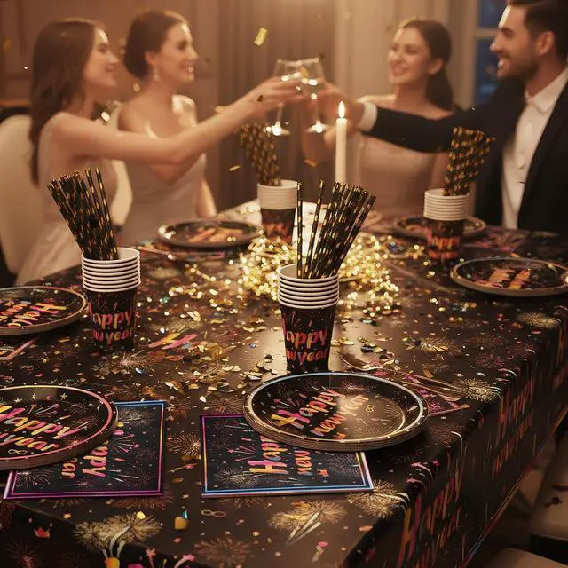 Alt view image 7 of 7 - cnomg 101Pcs Happy New Year Plates and Napkins New Years Eve Party Supplies 2026 Disposable Dinnerware Set Colorful Fireworks Party Plates Napkins Cup Straw for New Year Eve Party Decorations Serve 20
