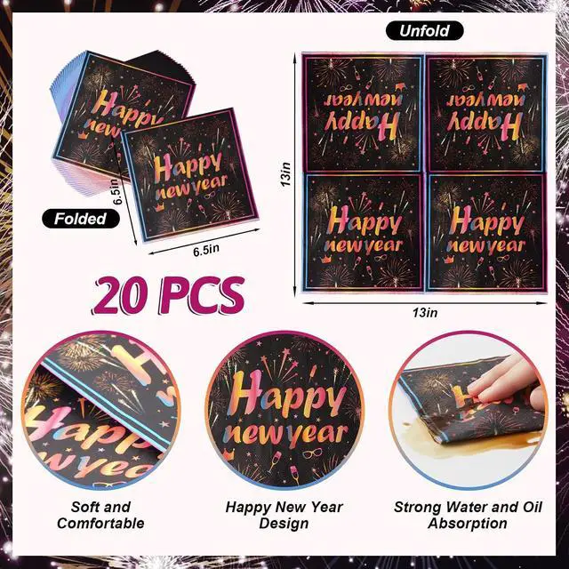 Alt view image 4 of 7 - cnomg 101Pcs Happy New Year Plates and Napkins New Years Eve Party Supplies 2026 Disposable Dinnerware Set Colorful Fireworks Party Plates Napkins Cup Straw for New Year Eve Party Decorations Serve 20