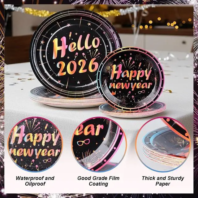 Alt view image 5 of 7 - cnomg 101Pcs Happy New Year Plates and Napkins New Years Eve Party Supplies 2026 Disposable Dinnerware Set Colorful Fireworks Party Plates Napkins Cup Straw for New Year Eve Party Decorations Serve 20