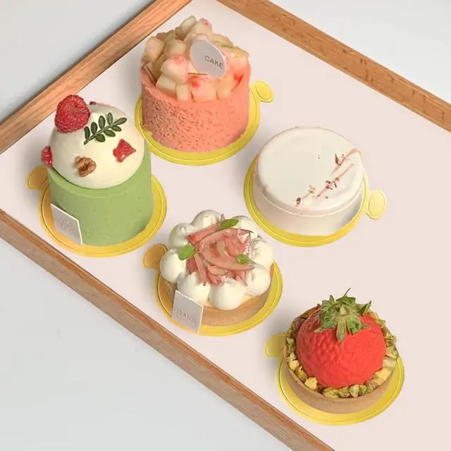 Alt view image 5 of 7 - 3.5 Inch Mini Cake Boards: 50pcs Golden Round Mousse Cupcake Base, Bases Para Postres Mini Paper Plates Circle Dessert Boards