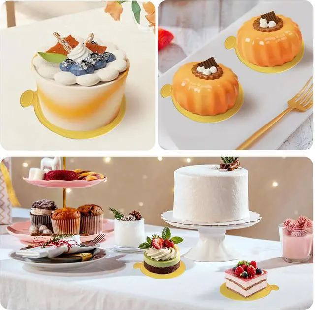 Alt view image 6 of 7 - 3.5 Inch Mini Cake Boards: 50pcs Golden Round Mousse Cupcake Base, Bases Para Postres Mini Paper Plates Circle Dessert Boards