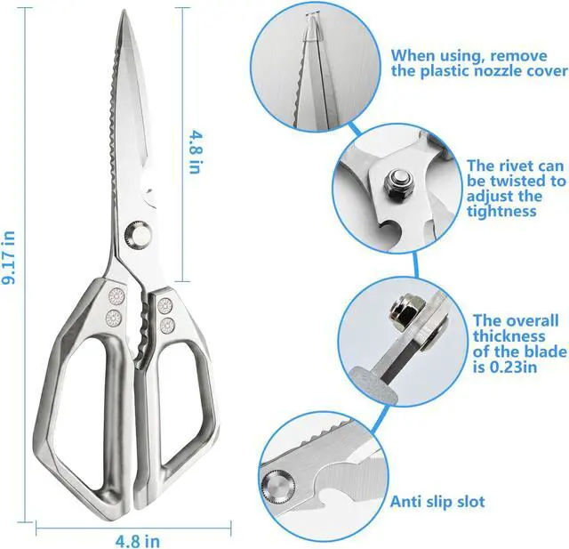 Alt view image 2 of 6 - Heavy Duty Kitchen Scissors, Stainless Steel | Sharp Meat Scissors Dishwasher Safe, All-Purpose Food Shears - Sharp Cooking Scissors for Poultry, Silver