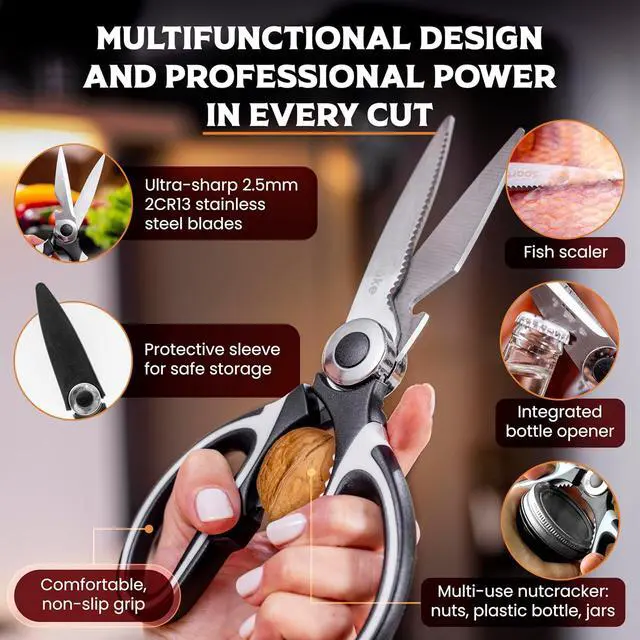 Alt view image 2 of 7 - Premium Kitchen Shears, Stainless Steel Food Scissors, Black & White | Multipurpose Food Scissors with Protective Sleeve for Cooking, BBQ, Fish, Chicken, Pizza, Herbs & Kitchen Tasks