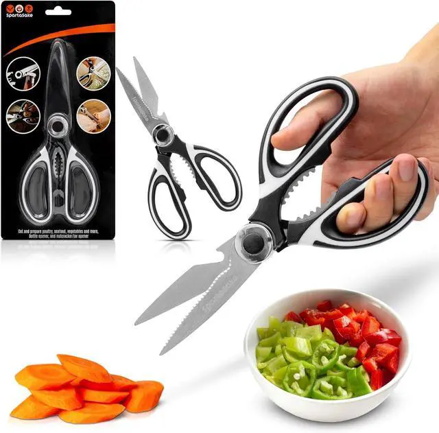 Alt view image 7 of 7 - Premium Kitchen Shears, Stainless Steel Food Scissors, Black & White | Multipurpose Food Scissors with Protective Sleeve for Cooking, BBQ, Fish, Chicken, Pizza, Herbs & Kitchen Tasks