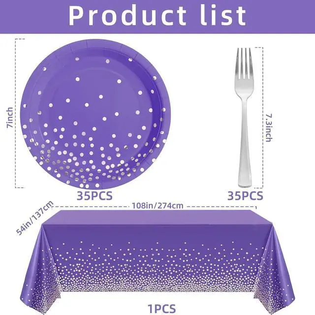 Alt view image 4 of 7 - 71PCS Purple Party Decorations, Birthday Party Supplies Includes 35 7" Party Plates and Tablecloths 54" x 108" for Purple Birthday Decorations