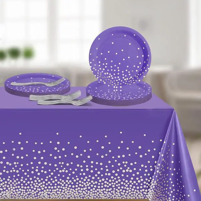 Alt view image 6 of 7 - 71PCS Purple Party Decorations, Birthday Party Supplies Includes 35 7" Party Plates and Tablecloths 54" x 108" for Purple Birthday Decorations