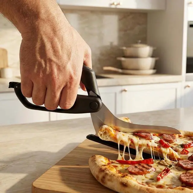 Alt view image 2 of 7 - Pizza Scissors with Serving Tray, 12-Inch Stainless Steel | Lockable pizza cutter with spring action and pan-friendly base for clean slicing, lifting and serving