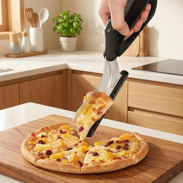 Alt view image 6 of 7 - Pizza Scissors with Serving Tray, 12-Inch Stainless Steel | Lockable pizza cutter with spring action and pan-friendly base for clean slicing, lifting and serving