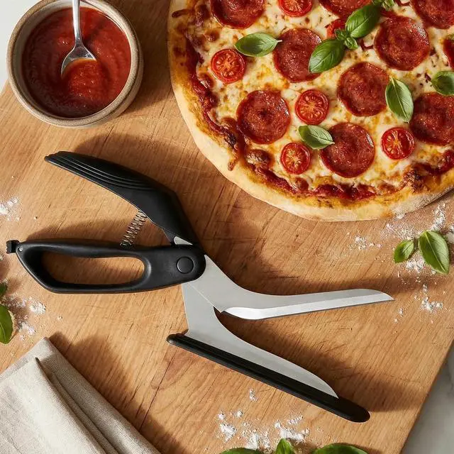 Alt view image 7 of 7 - Pizza Scissors with Serving Tray, 12-Inch Stainless Steel | Lockable pizza cutter with spring action and pan-friendly base for clean slicing, lifting and serving