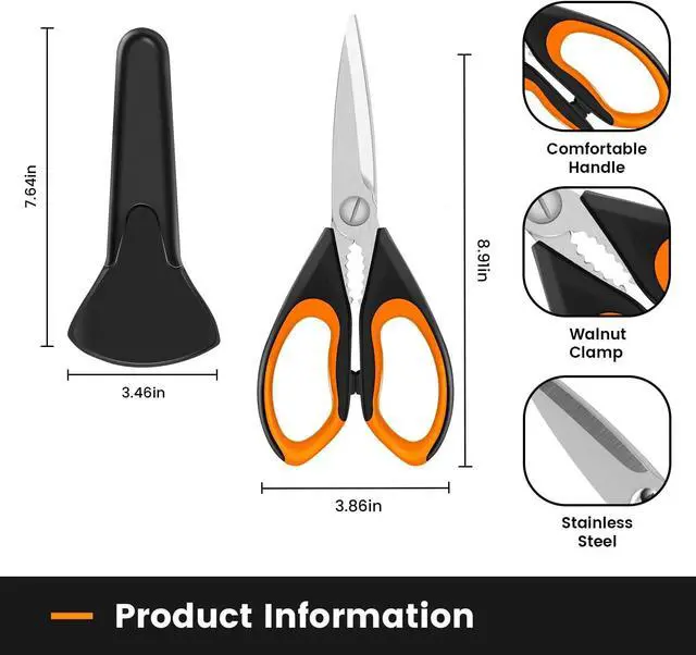 Alt view image 2 of 7 - 1 Pack Sharp Kitchen Scissors Set with Magnetic Holder, Yellow | Stainless Steel Blade, Ergonomic Non-Slip Handle, Heavy Duty, Food/Meat Scissors for Home, Kitchen and Picnic, All Purpose