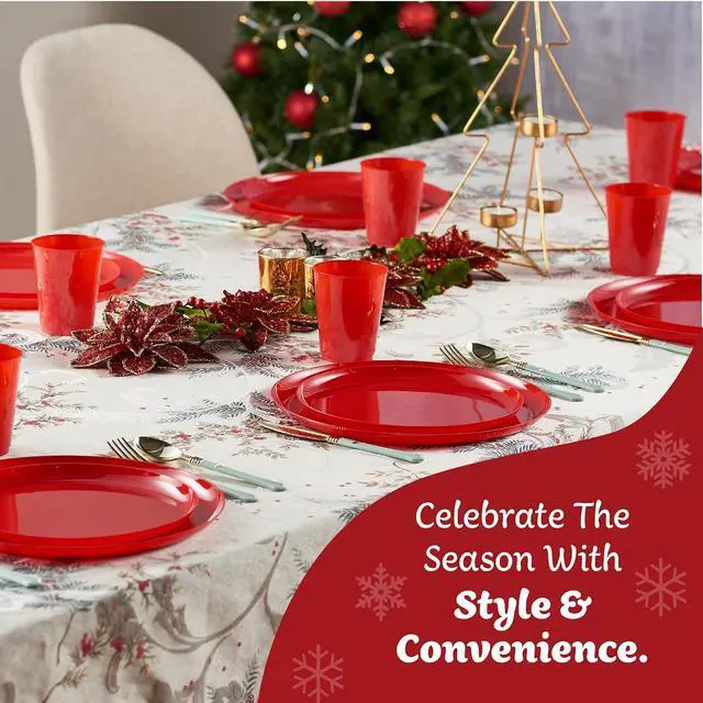 Alt view image 4 of 7 - PLASTICPRO 30 Pack 6.3'' Christmass Plates Red Plastic Party Plates Edge Collection Premium heavyweight Elegant Disposable Tableware Dishes
