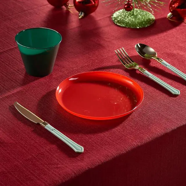 Alt view image 3 of 7 - PLASTICPRO 30 Pack 6.3'' Christmass Plates Red Plastic Party Plates Edge Collection Premium heavyweight Elegant Disposable Tableware Dishes