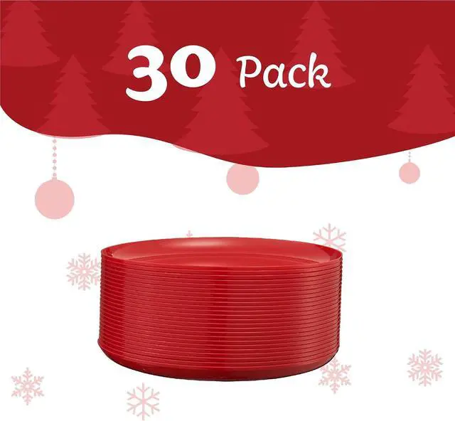 Alt view image 5 of 7 - PLASTICPRO 30 Pack 6.3'' Christmass Plates Red Plastic Party Plates Edge Collection Premium heavyweight Elegant Disposable Tableware Dishes