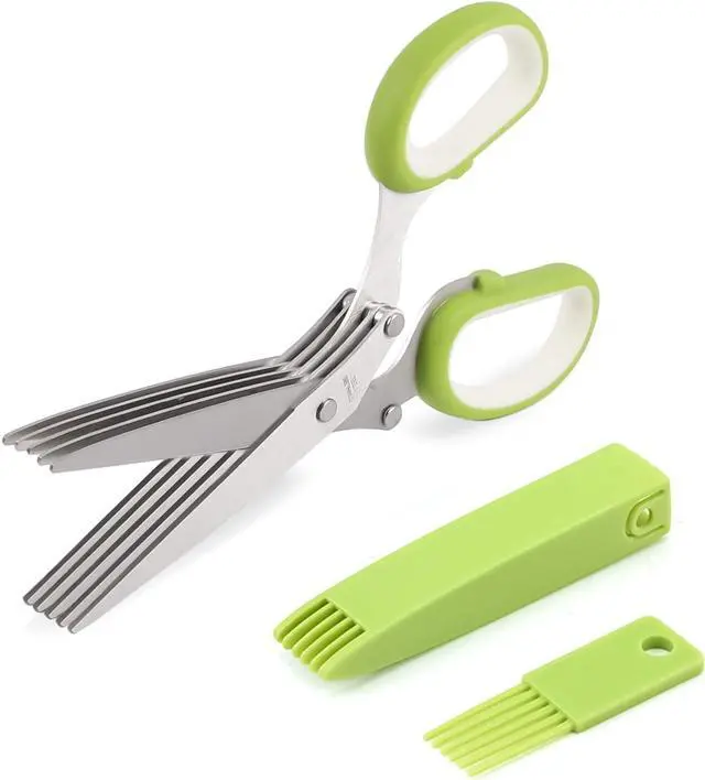 Main image of Herb scissors, Multipurpose Cutting Shears with 5 Blade Kitchen Salad Scissors, Safety Cover and Cleaning Comb for Chopping Cilantro Onion Basil Chive Parsley, Green