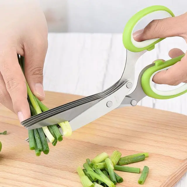 Alt view image 2 of 6 - Herb scissors, Multipurpose Cutting Shears with 5 Blade Kitchen Salad Scissors, Safety Cover and Cleaning Comb for Chopping Cilantro Onion Basil Chive Parsley, Green