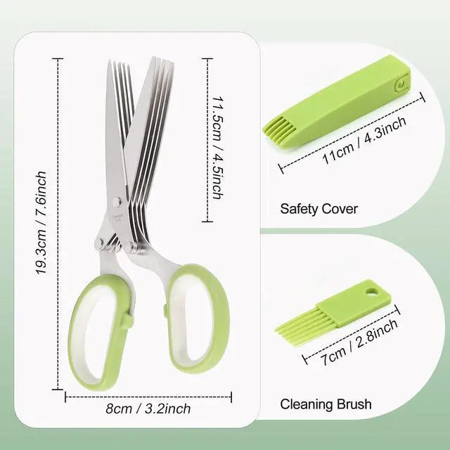 Alt view image 3 of 6 - Herb scissors, Multipurpose Cutting Shears with 5 Blade Kitchen Salad Scissors, Safety Cover and Cleaning Comb for Chopping Cilantro Onion Basil Chive Parsley, Green