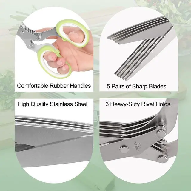 Alt view image 4 of 6 - Herb scissors, Multipurpose Cutting Shears with 5 Blade Kitchen Salad Scissors, Safety Cover and Cleaning Comb for Chopping Cilantro Onion Basil Chive Parsley, Green