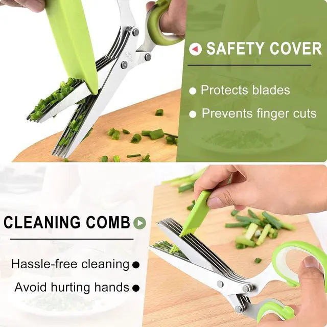 Alt view image 5 of 6 - Herb scissors, Multipurpose Cutting Shears with 5 Blade Kitchen Salad Scissors, Safety Cover and Cleaning Comb for Chopping Cilantro Onion Basil Chive Parsley, Green