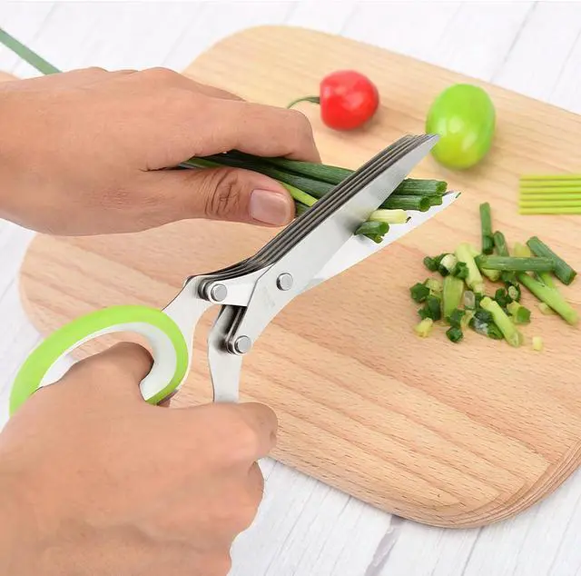 Alt view image 6 of 6 - Herb scissors, Multipurpose Cutting Shears with 5 Blade Kitchen Salad Scissors, Safety Cover and Cleaning Comb for Chopping Cilantro Onion Basil Chive Parsley, Green