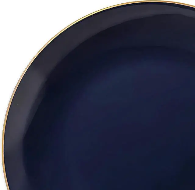 Alt view image 3 of 4 - Navy Blue Round Organic Plastic Salad Plates With Gold Rim Design (7.5") - Pack Of 10 - Disposable & Elegant, Perfect for Parties, Weddings & Special Events