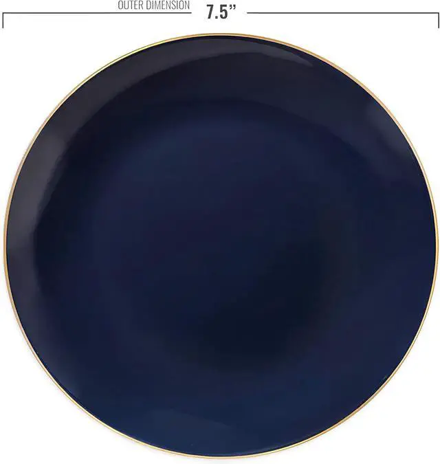 Alt view image 4 of 4 - Navy Blue Round Organic Plastic Salad Plates With Gold Rim Design (7.5") - Pack Of 10 - Disposable & Elegant, Perfect for Parties, Weddings & Special Events