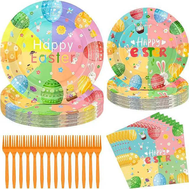 Main image of 96 Pcs Easter Plates and Napkins Sets, 350GSM Easter Paper Plates, Colorful Spring Disposable Plates Napkins Forks Dinner Plates, Easter Dinnerware Tableware Party Supplies