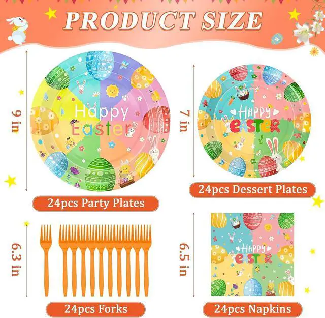 Alt view image 2 of 7 - 96 Pcs Easter Plates and Napkins Sets, 350GSM Easter Paper Plates, Colorful Spring Disposable Plates Napkins Forks Dinner Plates, Easter Dinnerware Tableware Party Supplies