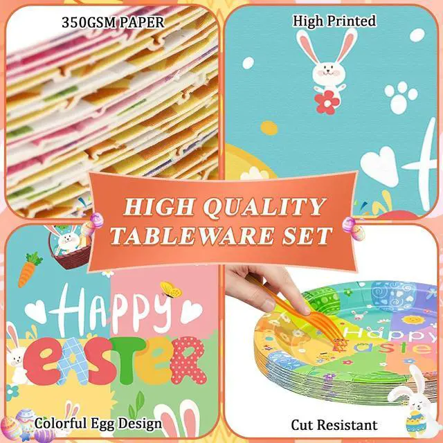 Alt view image 3 of 7 - 96 Pcs Easter Plates and Napkins Sets, 350GSM Easter Paper Plates, Colorful Spring Disposable Plates Napkins Forks Dinner Plates, Easter Dinnerware Tableware Party Supplies