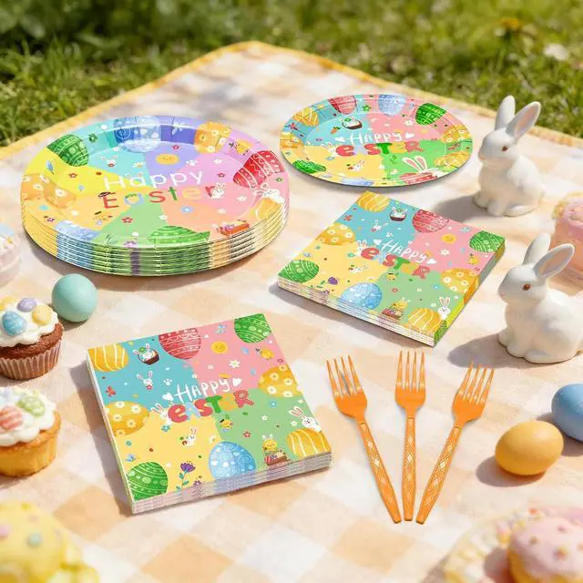 Alt view image 4 of 7 - 96 Pcs Easter Plates and Napkins Sets, 350GSM Easter Paper Plates, Colorful Spring Disposable Plates Napkins Forks Dinner Plates, Easter Dinnerware Tableware Party Supplies