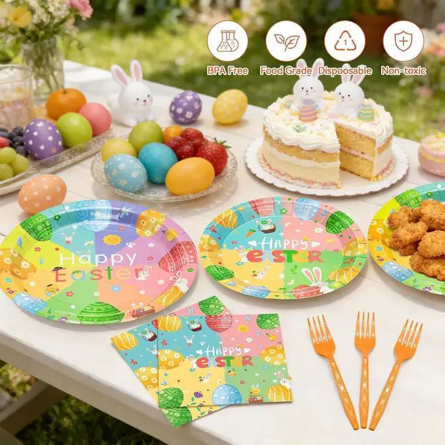 Alt view image 6 of 7 - 96 Pcs Easter Plates and Napkins Sets, 350GSM Easter Paper Plates, Colorful Spring Disposable Plates Napkins Forks Dinner Plates, Easter Dinnerware Tableware Party Supplies