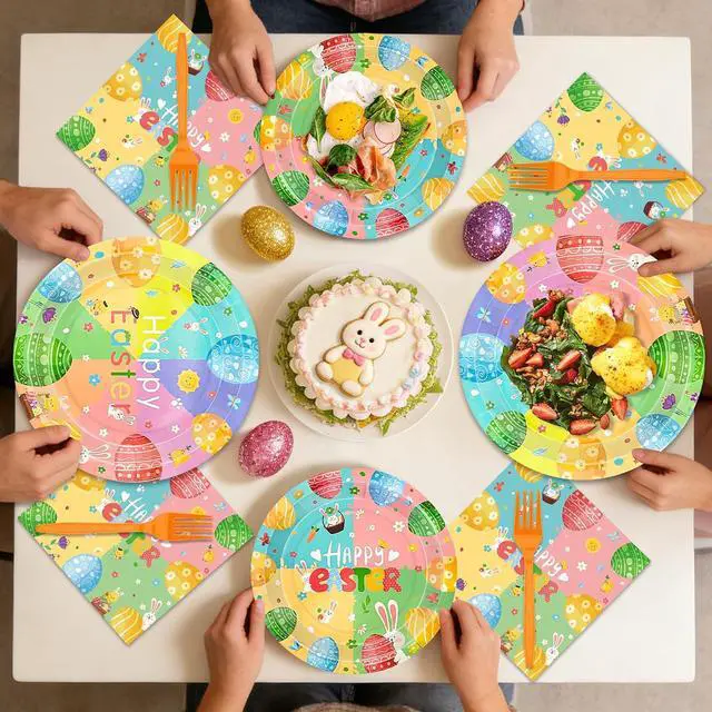 Alt view image 5 of 7 - 96 Pcs Easter Plates and Napkins Sets, 350GSM Easter Paper Plates, Colorful Spring Disposable Plates Napkins Forks Dinner Plates, Easter Dinnerware Tableware Party Supplies