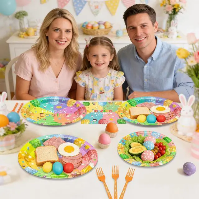 Alt view image 7 of 7 - 96 Pcs Easter Plates and Napkins Sets, 350GSM Easter Paper Plates, Colorful Spring Disposable Plates Napkins Forks Dinner Plates, Easter Dinnerware Tableware Party Supplies