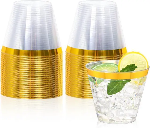 Main image of 20 Pcs Gold Plastic Cups,9Oz Gold Rimmed Plastic Cups,Heavy Duty Gold Rim Clear Disposable Plasitc Cocktail Tumblers Wine Cup for Party,Wedding,Birthday,Christmas