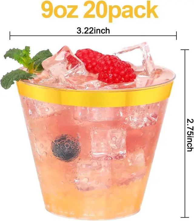Alt view image 2 of 7 - 20 Pcs Gold Plastic Cups,9Oz Gold Rimmed Plastic Cups,Heavy Duty Gold Rim Clear Disposable Plasitc Cocktail Tumblers Wine Cup for Party,Wedding,Birthday,Christmas