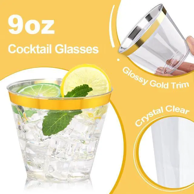 Alt view image 3 of 7 - 20 Pcs Gold Plastic Cups,9Oz Gold Rimmed Plastic Cups,Heavy Duty Gold Rim Clear Disposable Plasitc Cocktail Tumblers Wine Cup for Party,Wedding,Birthday,Christmas