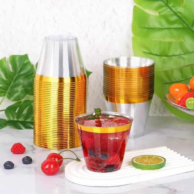 Alt view image 4 of 7 - 20 Pcs Gold Plastic Cups,9Oz Gold Rimmed Plastic Cups,Heavy Duty Gold Rim Clear Disposable Plasitc Cocktail Tumblers Wine Cup for Party,Wedding,Birthday,Christmas
