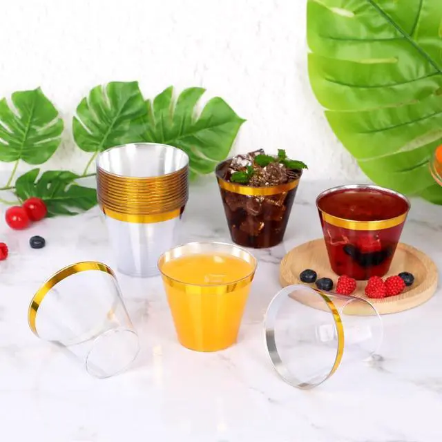 Alt view image 5 of 7 - 20 Pcs Gold Plastic Cups,9Oz Gold Rimmed Plastic Cups,Heavy Duty Gold Rim Clear Disposable Plasitc Cocktail Tumblers Wine Cup for Party,Wedding,Birthday,Christmas