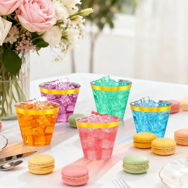 Alt view image 6 of 7 - 20 Pcs Gold Plastic Cups,9Oz Gold Rimmed Plastic Cups,Heavy Duty Gold Rim Clear Disposable Plasitc Cocktail Tumblers Wine Cup for Party,Wedding,Birthday,Christmas