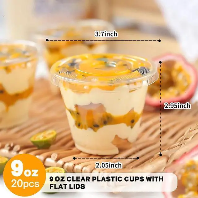 Alt view image 4 of 7 - CenYouful 9 oz Clear Plastic Cups with Flat Lids No Hole, 20 Packs, Disposable Dessert Cups with Lids for Ice Cream, Cake, Snacks, Fruit, Cold Drinks, Smoothie, Pudding, Salad