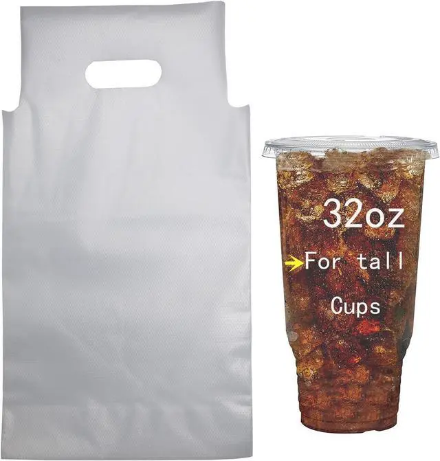 Main image of 100PCS Disposable Drink Carrier Bags Fit 32oz Tall Coffee Cups Takeout | Clear Plastic Bags with Handle for Drink Cups/Coffee Cups/Tea/Juice Delivery Takeout Apply to Coffee Shop/Restaurant/Bar