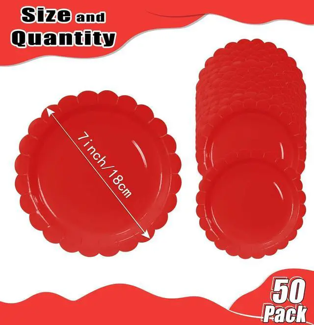 Alt view image 2 of 7 - HEIPINIUYE 50 Pieces Red Paper Plates 7 Inch Red Scalloped Plates Disposable Dinner Plates for Wedding Baby Shower Birthday Party Dessert Plates