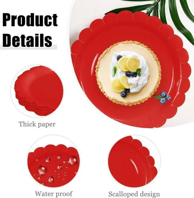 Alt view image 3 of 7 - HEIPINIUYE 50 Pieces Red Paper Plates 7 Inch Red Scalloped Plates Disposable Dinner Plates for Wedding Baby Shower Birthday Party Dessert Plates