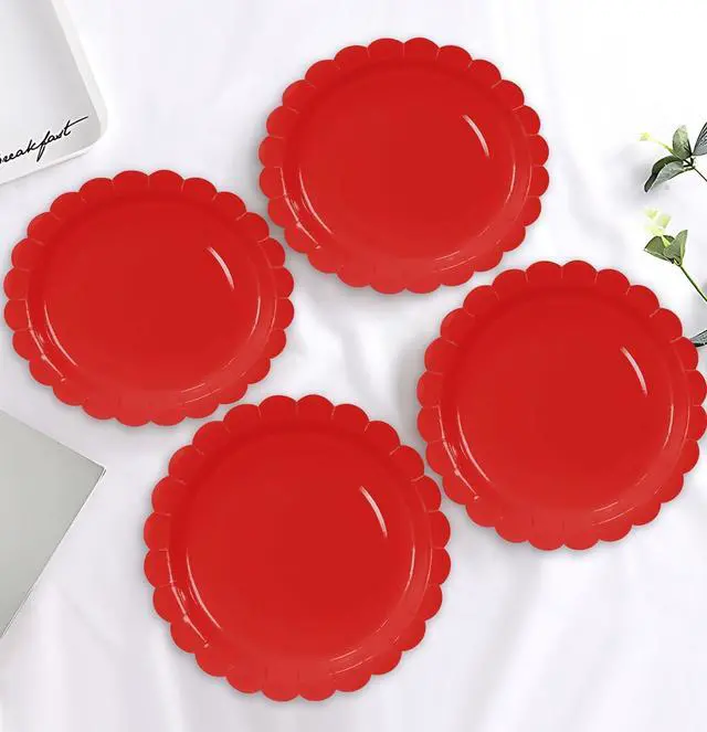 Alt view image 5 of 7 - HEIPINIUYE 50 Pieces Red Paper Plates 7 Inch Red Scalloped Plates Disposable Dinner Plates for Wedding Baby Shower Birthday Party Dessert Plates